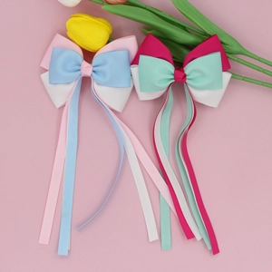 Three-layer colorful ribbed bow hair clips with long streamers for sweet girls hair decor