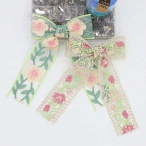Damen Blumen Stickerei Schleife Haarspange Langes Band Mesh Spitze Süße Prinzessin Krokodilklemme Handgefertigter Haarschmuck