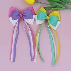 Three-color mixed grosgrain ribbon hair clips with long streamers for girls