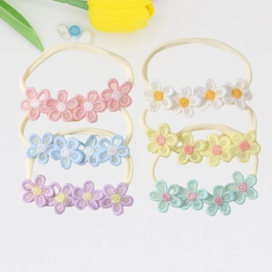 Set of six colorful embroidered floral headbands with soft elastic nylon for baby girls