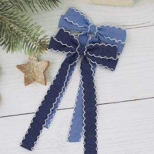 Pince à Cheveux Nœud Papillon Style Denim en Matériaux Mixtes Fait à la Main Avec Long Ruban Bord Ondulé Doux pour Femme