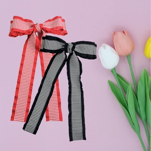 French Houndstooth Bow Hair Clip With Long Ribbon Streamers Elegant Ruffle Edge Alligator Clip Hair Accessories For Women Girls
