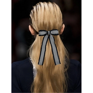 Elegant houndstooth bow hair clip with black ruffle edges and long streamers for women