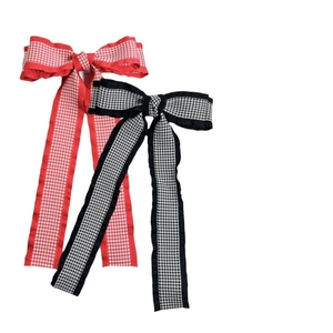 Houndstooth bow hair clips with long ribbons in red and black French vintage style