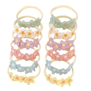 Set of 12 floral embroidery elastic hairbands for toddlers in 6 pastel macaron colors