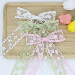 Dulce Pinza para el Pelo con Lazo de Encaje y Borla de Cinta Larga Bordado de Malla Floral Horquilla Estilo Ballet Accesorios para el Cabello
