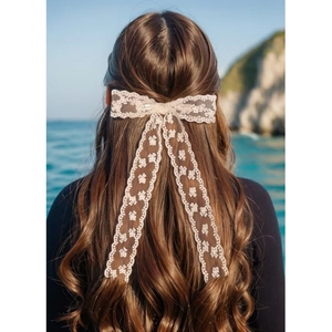 Elegante pinza para el pelo con lazo de encaje y cintas largas, estilo balletcore romántico