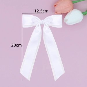 Elegant white double-layer satin bow hair clip with long ribbons and 20cm length