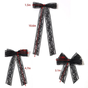 Set of black embroidery lace bow hair clips with long streamers in three different sizes