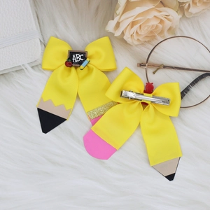 Handmade pencil pattern grosgrain ribbon bows hair clips with ABC school chalkboard decor