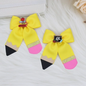 Back To School Yellow Grosgrain Ribbon Bow Hair Clip For Kids Girls Pencil Theme Mini Books Blackboard Apple Decor Alligator Clip