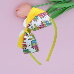Kids Pencil Print Bow Headband Grosgrain Ribbon Hair Accessories School Style Girls Hair Band Back To School Navy Yellow