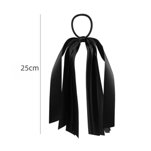 Élastique à cheveux avec nœud en satin noir et longs rubans de 25 cm pour femmes
