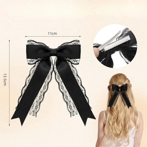 Barrette à cheveux élégante en dentelle noire avec ruban à double couche et pince bec