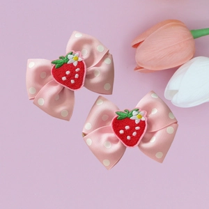Pink polka dot bow hair clips with cute embroidered strawberry for baby girls
