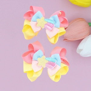 Sweet Children Multicolor Grosgrain Ribbon Bow Hair Clips Star Rainbow Embroidery Handmade Girls Macaron Color Hair Barrettes