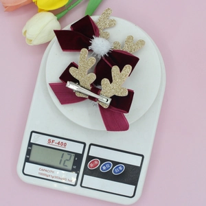 Barrettes de Noël mignonnes avec nœuds en velours rouge vin et bois de renne dorés pailletés