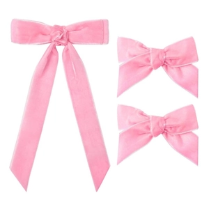 Lot de 3 barrettes à nœuds en velours rose pour femmes avec design élégant à longue queue