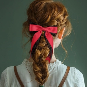 Détail du nœud papillon en satin rouge avec dentelle noire et rubans sur tresse