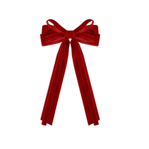 Detailed view of red velvet bow hair clip with long ribbons and soft fabric texture