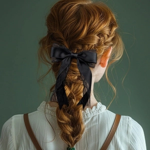 Détail d'un nœud papillon noir à double couche avec rubans en dentelle sur tresse