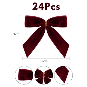 Lot de 24 nœuds de Noël en velours bordeaux 9x9cm avec anneaux dorés pour décor