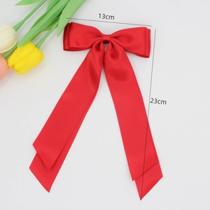 Barrette à cheveux en satin rouge brillant avec de longs rubans pour femmes
