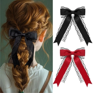 Barrette à Cheveux Nœud en Dentelle Double Couche avec Long Ruban Satin Queue d'Hirondelle Pince Croco Femme