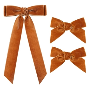 Ensemble de 3 barrettes nœuds en velours orange brûlé avec de longs rubans élégants