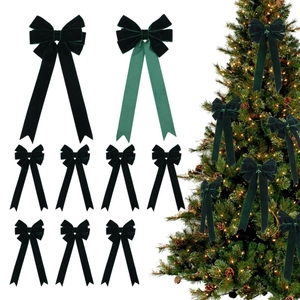 Dark green velvet Christmas tree bow set with long streamers for festive indoor home decor