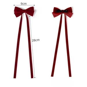 Barrette à nœud papillon en velours rouge foncé avec rubans longs et pince en métal
