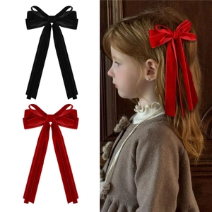 French Retro Velvet Double Bow Hair Clip With Long Ribbon Elegant Solid Color Crocodile Clip For Women Girls Party Accessories