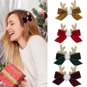Barrettes à Cheveux de Noël avec Nœud et Bois de Cerf pour Filles Épingles en Velours avec Paillettes et Pompon de Fête