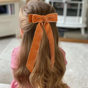 Gros plan d'un nœud papillon en velours orange avec de longs rubans sur une tresse