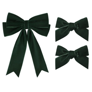 Vue détaillée du lot de 3 barrettes à nœuds en velours vert foncé avec longs rubans