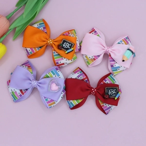 School pencil printed hair bows for girls featuring ABC chalkboard decor 4-piece set