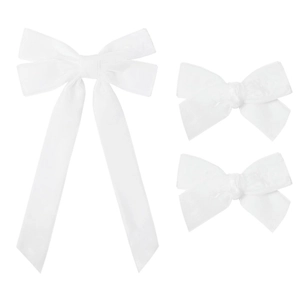 Detailed set of three white satin bow hair clips featuring long ribbons and small bows