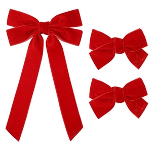 Three-piece red velvet bow hair clips set featuring long ribbons and high-quality texture