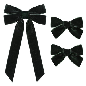Three-piece set of dark green velvet bow hair clips with long ribbons and elegant texture