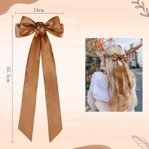Fermaglio per capelli con fiocco in raso marrone, rosa e nastri lunghi da 35,5 cm