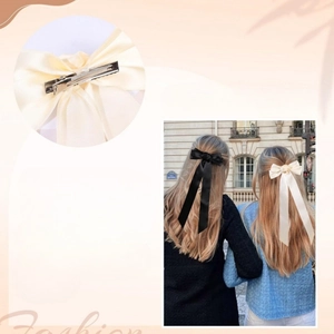 Eleganti fermagli per capelli con fiocco in raso nero e crema con lunghi nastri da donna