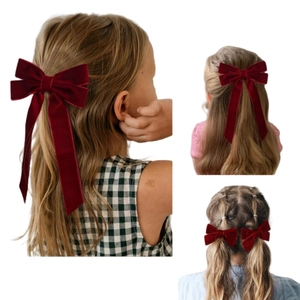 Set of 3 burgundy velvet bow hair clips for girls, shown on model for various styles