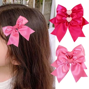Douces Barrettes à Cheveux Nœud en Ruban de Satin Avec Cœur pour Femmes Filles Saint-Valentin Style Princesse