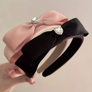 Serre-tête en Satin à Double Couche de Nœud Style Français Avec Strass en Cœur Douce Princesse Accessoire Cheveux Femme