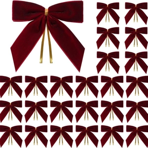 Lot de 24 nœuds de Noël en velours rouge avec attaches dorées pour décoration de fête