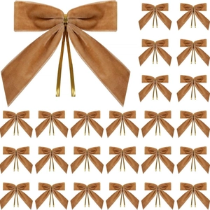 Lot de 25 nœuds de Noël en velours marron avec attaches dorées pour emballages cadeaux