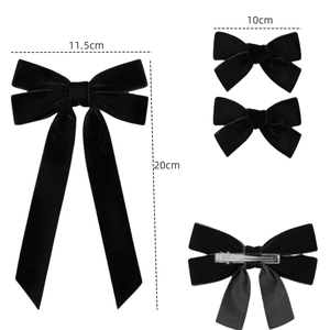 3-piece set of black velvet bow hair clips with long ribbons and metal duckbill clips