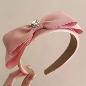 Serre-tête en satin rose avec grand nœud et cristal brillant pour coiffure femme