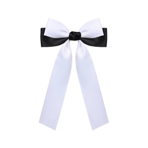 Elegant black and white layered satin bow hair clip with long flowing ribbons
