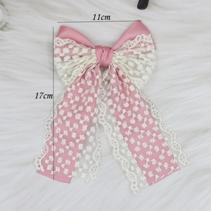 Pink satin and white lace double-layered bow hair clip with ribbons for women